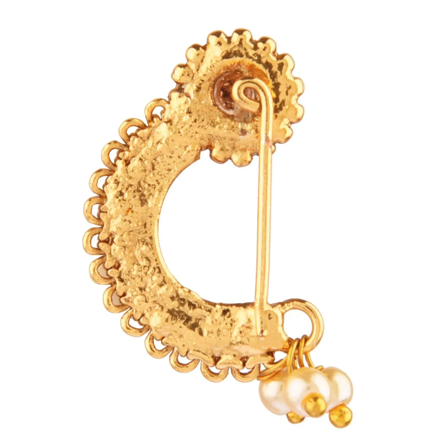Indian Traditional Faux Pearl Drop Nose Ring Floral Nath Nathani Bridal Crystal Wedding Non Piercing Jewelry for Women, White