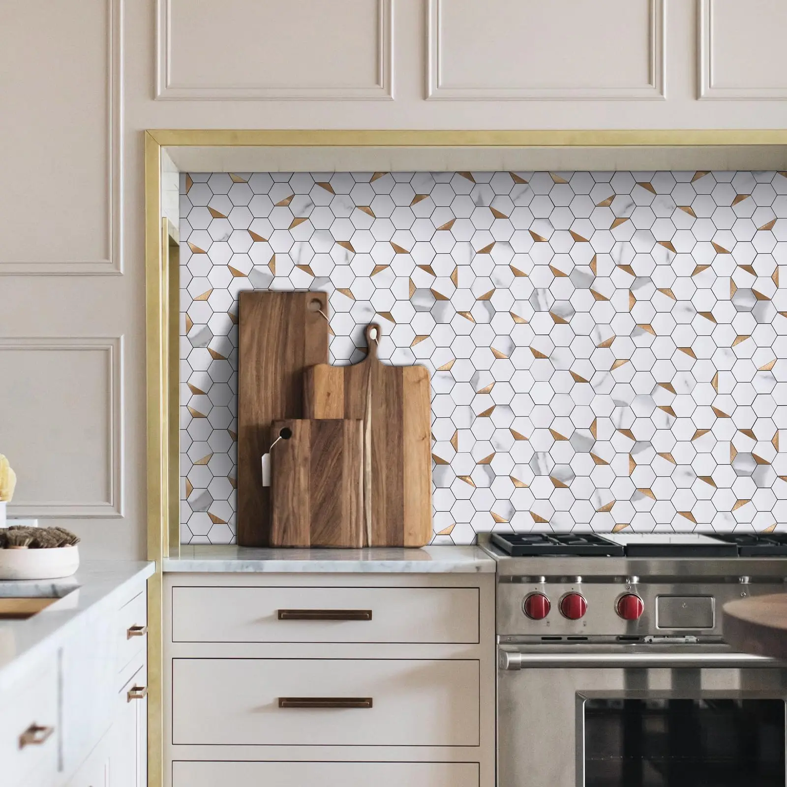 Peel and Stick Backsplash Tile, Stick on Backsplash, Hexagon Marble Look PVC Mixed Metal Gold Self Adhesive Metal Mosaic Tiles