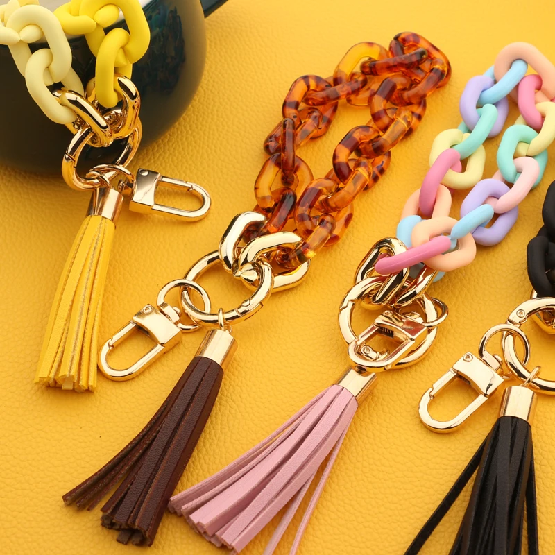 Women Colorful Acrylic Snake Chain Bracelet Keychain Wristlet Key Ring with Leather Tassel