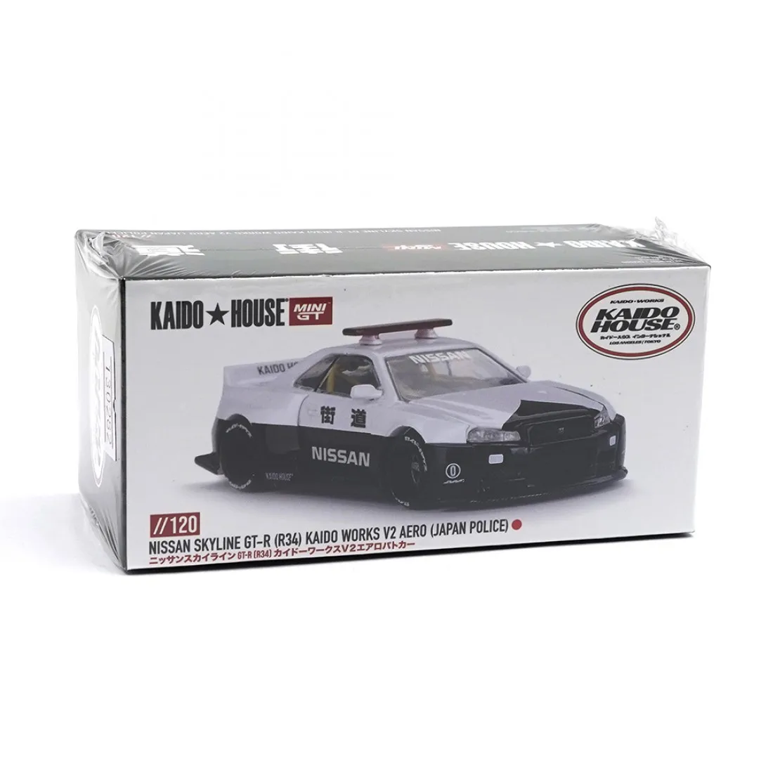 Mini GT x Kaido House KHMG120 1/64 Nissan Skyline GT-R R34 Kaido Works V2 Aero Police Diecast Scale Model Car