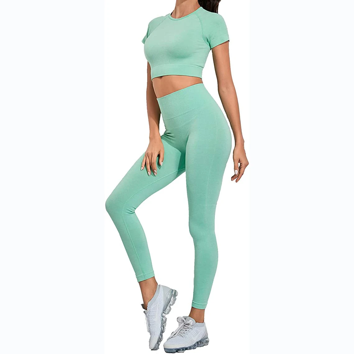 Wholesale Stock Woman Ribbed Seamless Sports Bra Crop Tank Top And Leggings Set