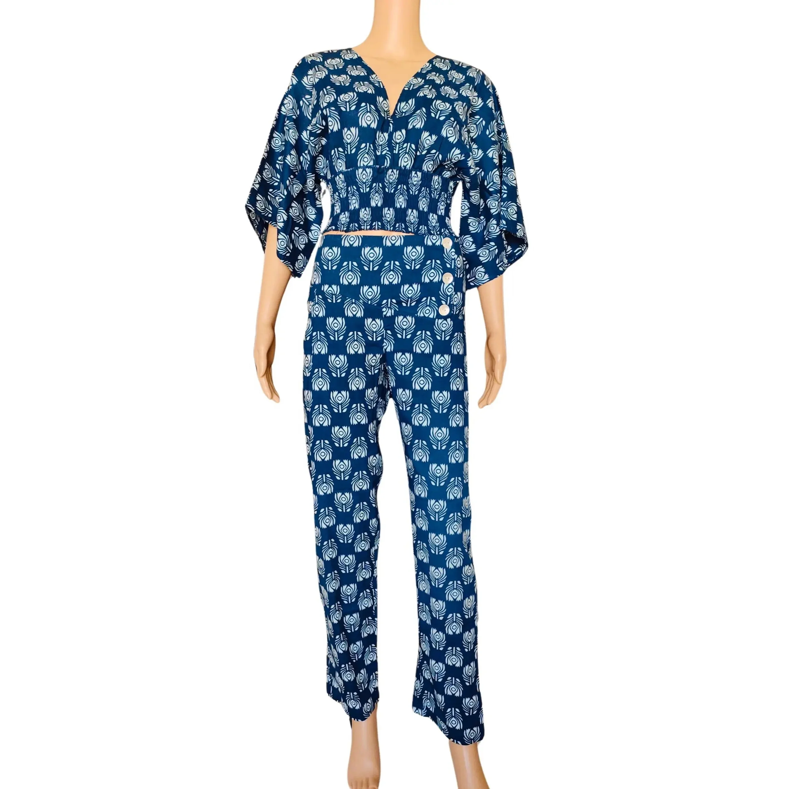 Printed Women Top & Pant Set Sexy V-neck 3/4 th Sleeve Casual Wear 100% Soft Cotton For Women