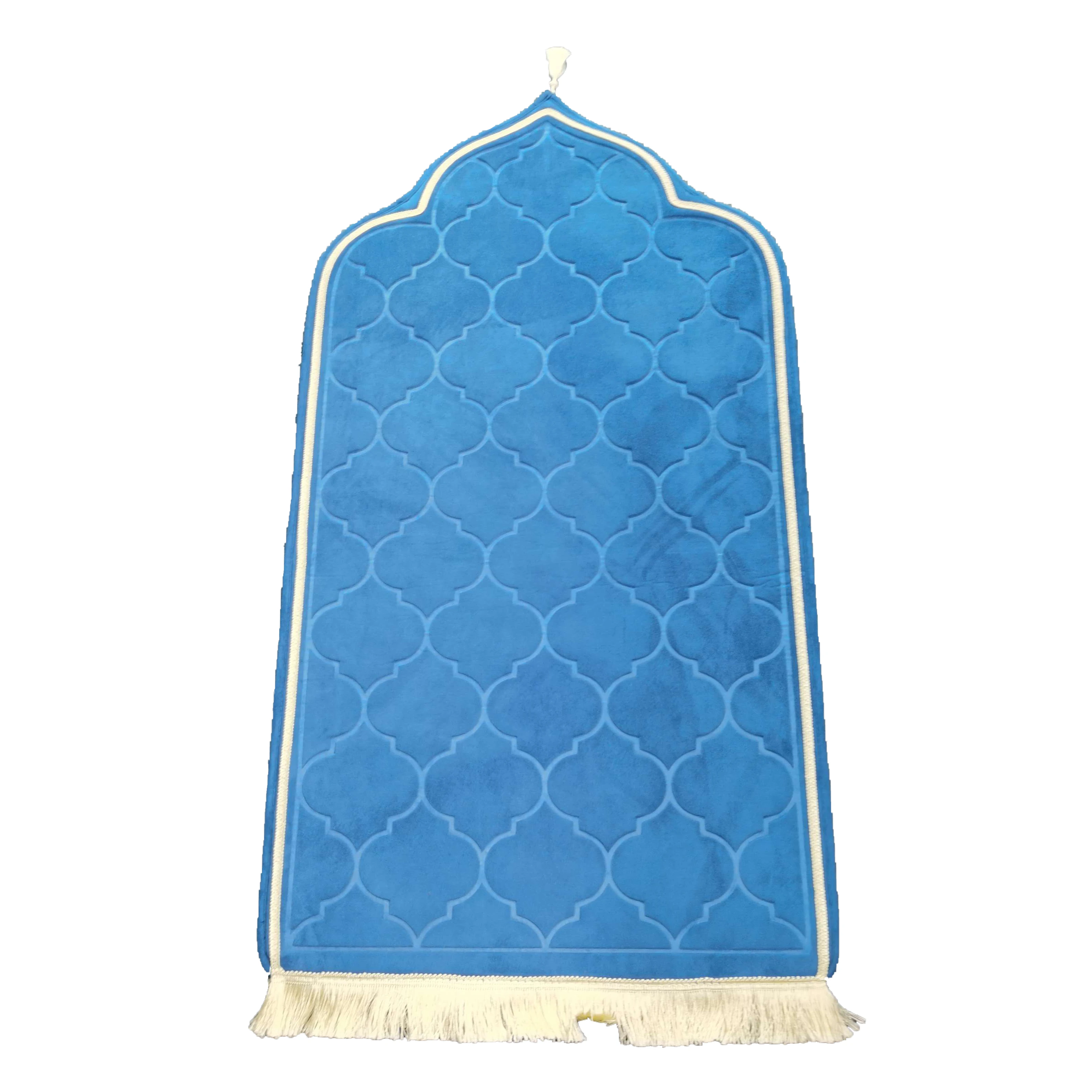 Custom made tussle  Soft Flannel Carpet Turkey Muslim Gift Folding Praying Mat Islamic Fashion Thick Color block emboss