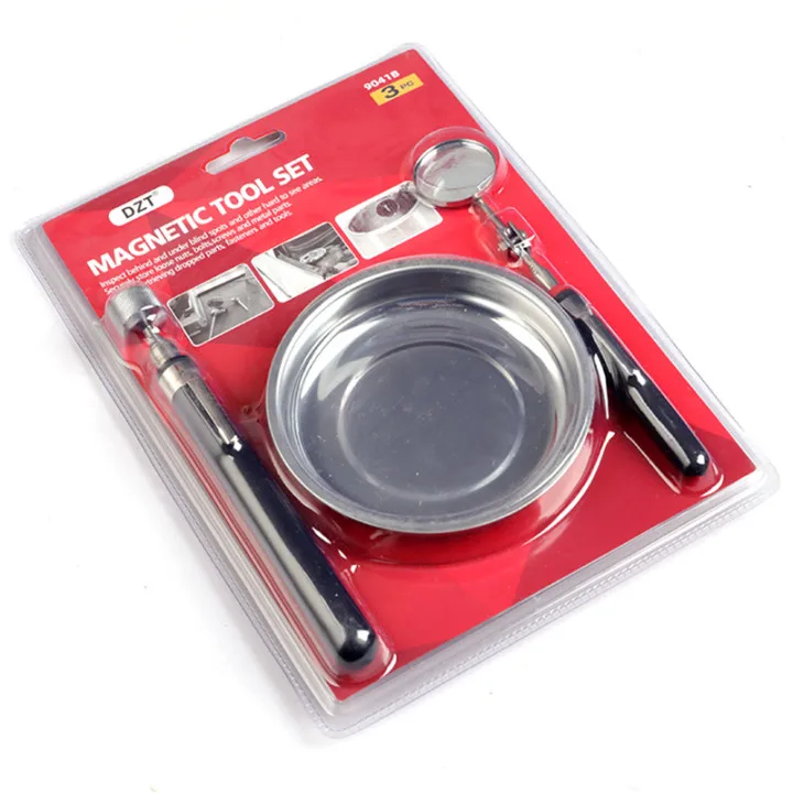 3pc Inspection Tool Set With Magnetic Tray, Telescopic Inspection Mirror with Rubber Handle and Magnetic Pick up tool with LED