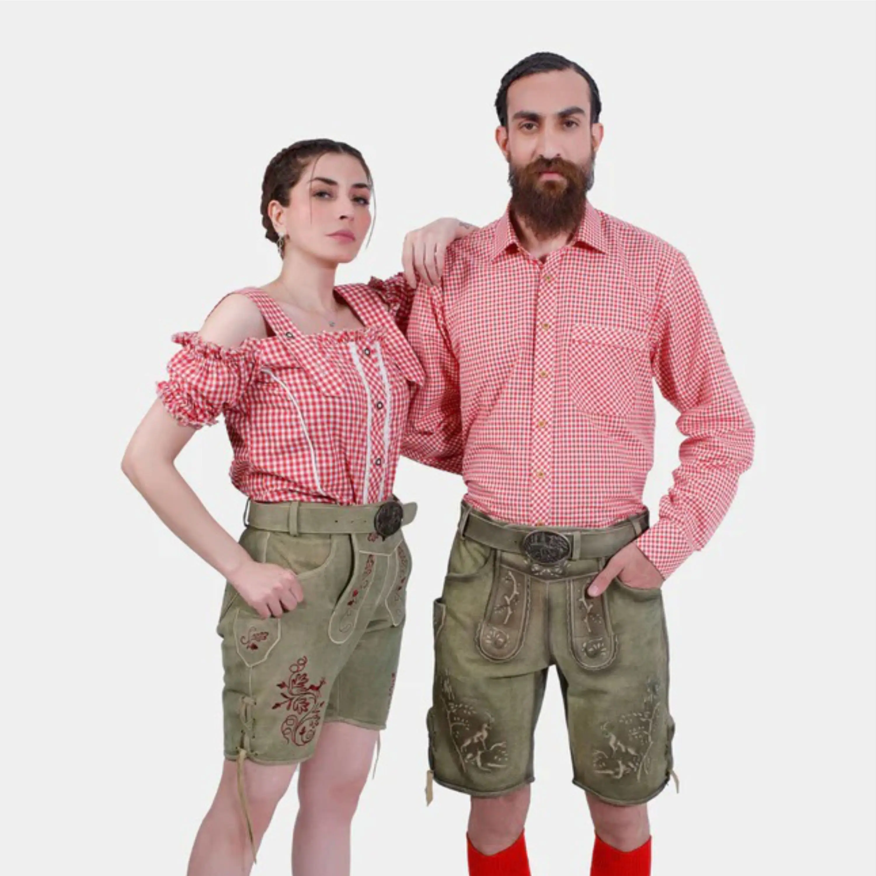 Traditional Bavarian Couple Outfit  Customizable Lederhosen and Dirndl Clothing Set for Oktoberfest and German Celebrations