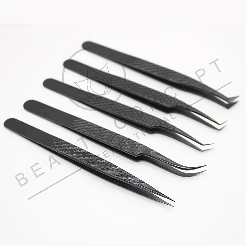 Luxury Black Plasma Eyelash Tweezers Stainless Steel with Nano Micro Fiber Tip Diamond Grip Lash Tweezers