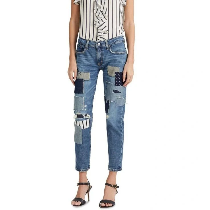 Pakistani Womens Ripped and Patches Design Denim Jeans Skinny Fit Casual Breathable Women Fashion Pants