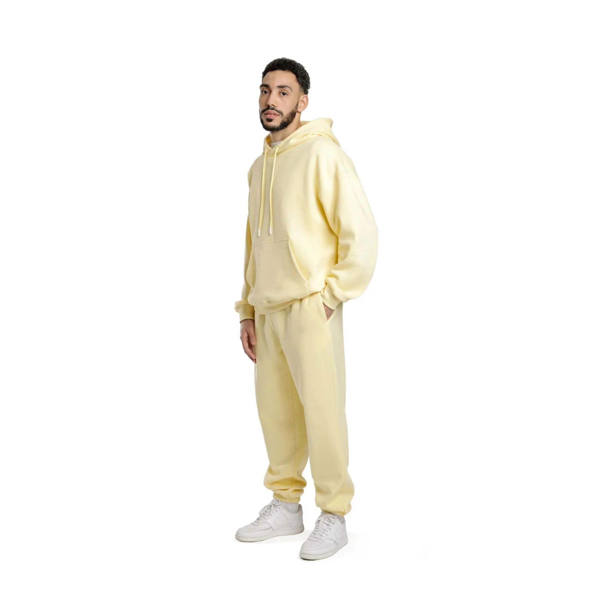 60% Cotton 40% Polyester Mens Premium Fleece Relaxed Sweatsuit Set in Banana Yellow with Pockets and Soft Brushed Inside