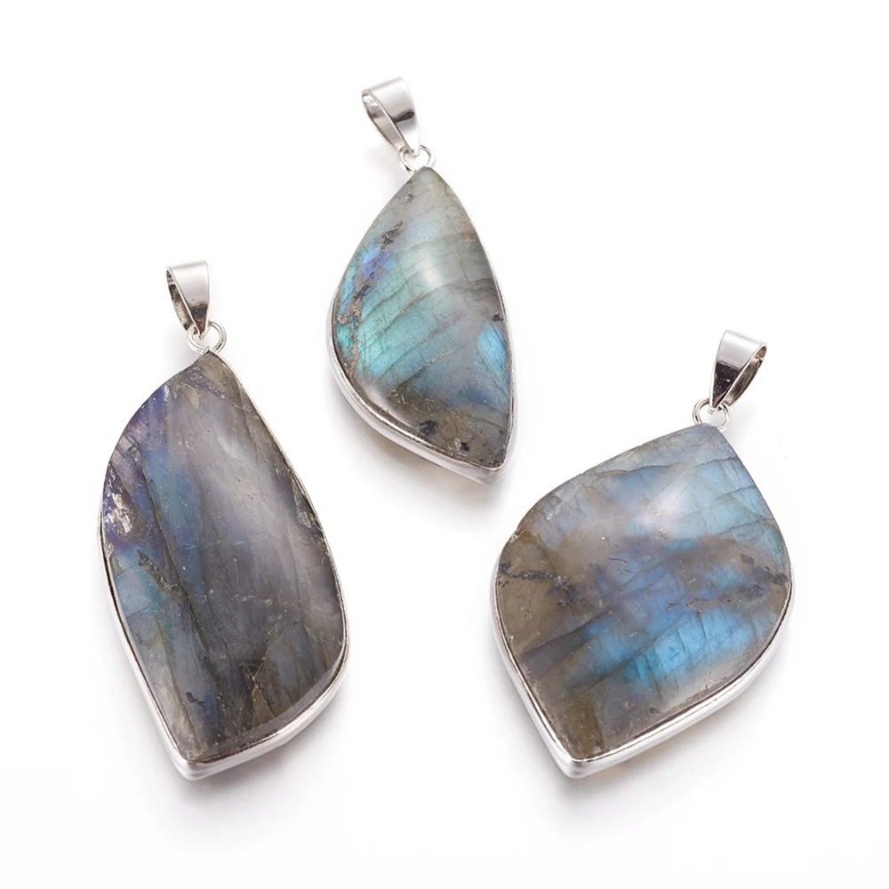 Gemstone Pendants Natural Labradorite Pendants with Brass Findings Leaf Platinum 42.5~51x18.5~28x7~8mm Hole: 4.5x8mm