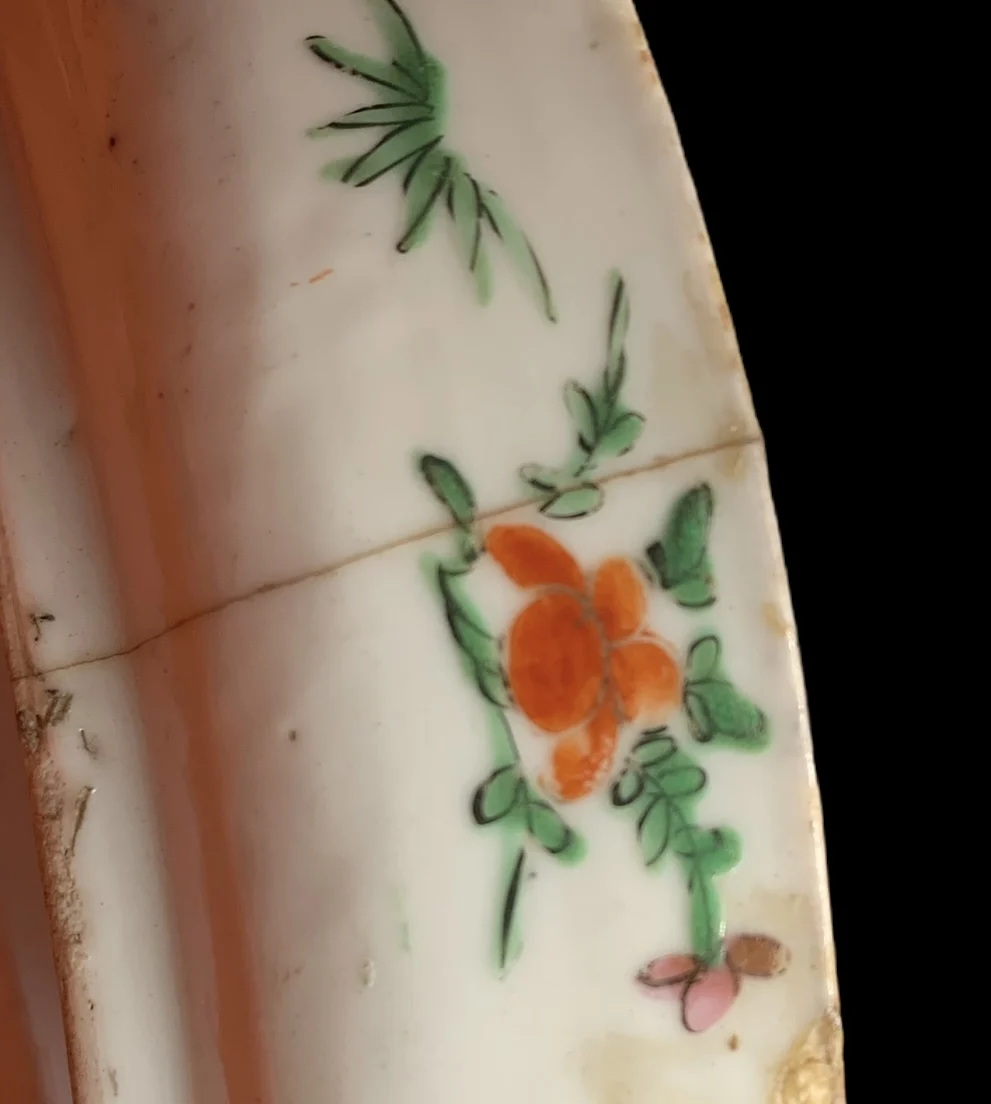 Antique Polychrome Porcelain Tea pot Tray Painted With A Theppanom In The Centre By A Floral Design On A Orange Ground