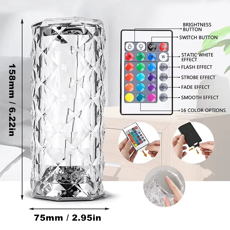 RGB 16 Color Touch Remote Control Bedside Decor Rose Desk Table Lamp USB Rechargeable Acrylic Crystal Decoration LED Night Light