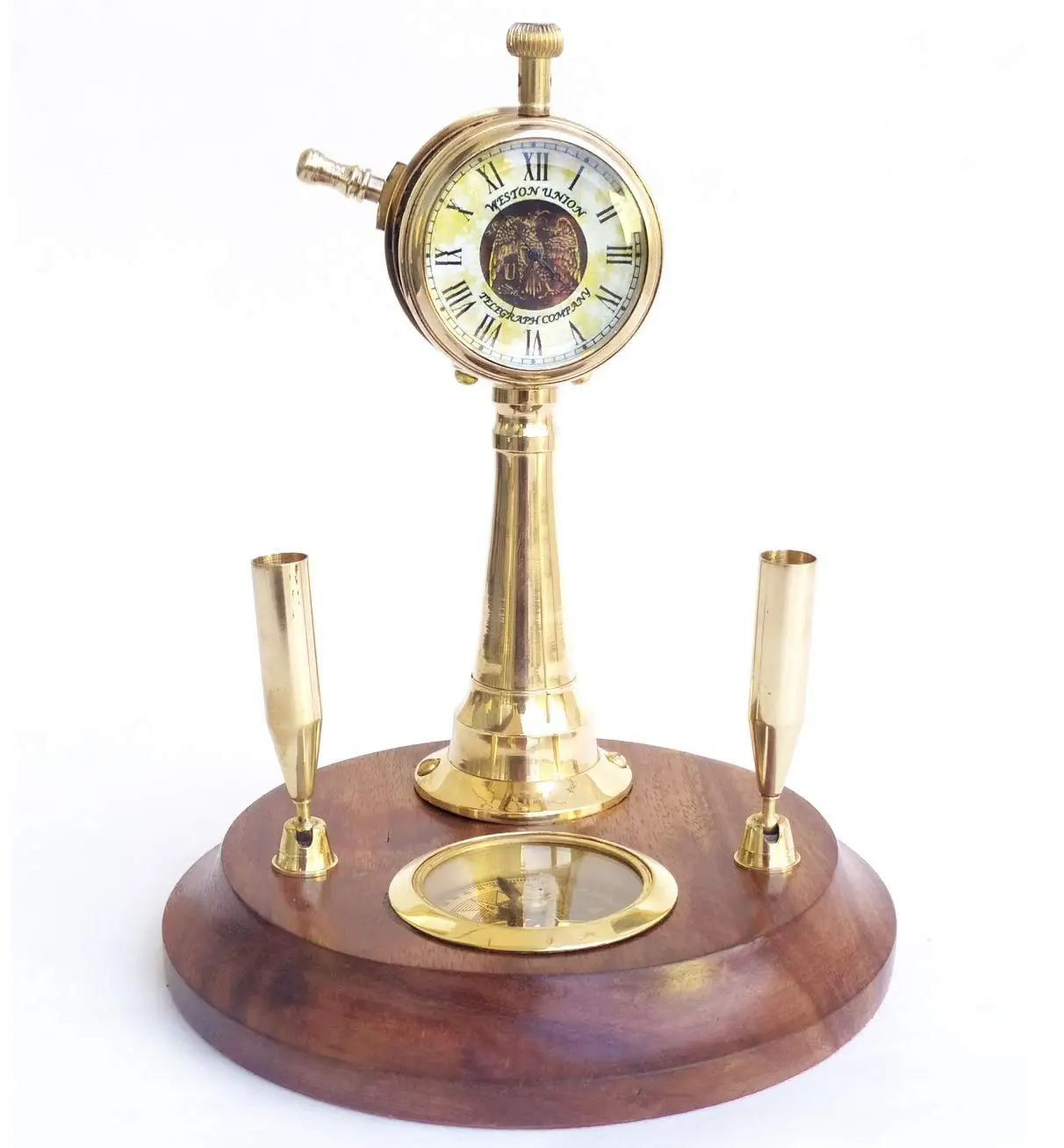 Exclusive Collection of Wooden & Brass Pen Holder with Time Clock Table Desk Pen Holder with Shiny Polish Pen Holder
