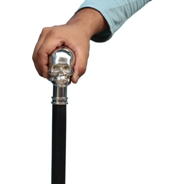Decorative Walking Cane Silver Skull Walking Stick Handmade Carved Wood Cane