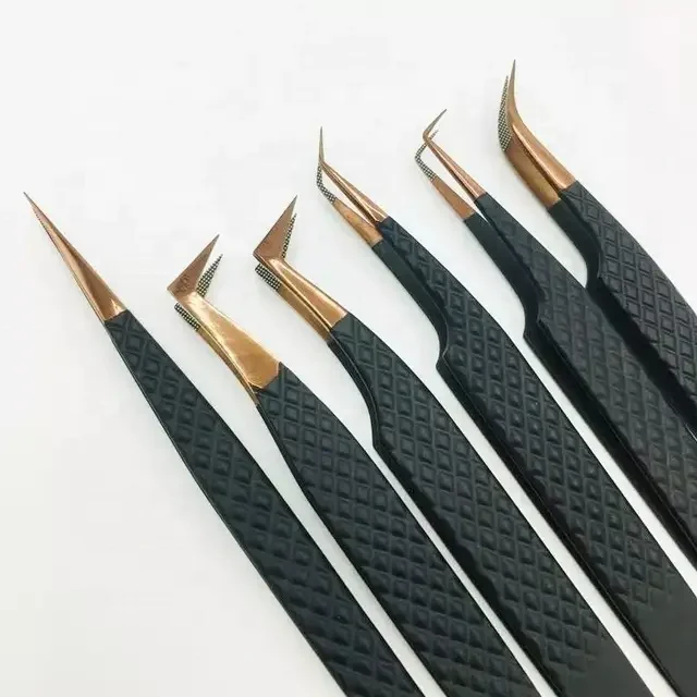 OEM Service Black Color with Gold Tip False Eyelash Tweezer with Non Slip Grip Lash Extension Tweezer For Eyelash  Tweezers
