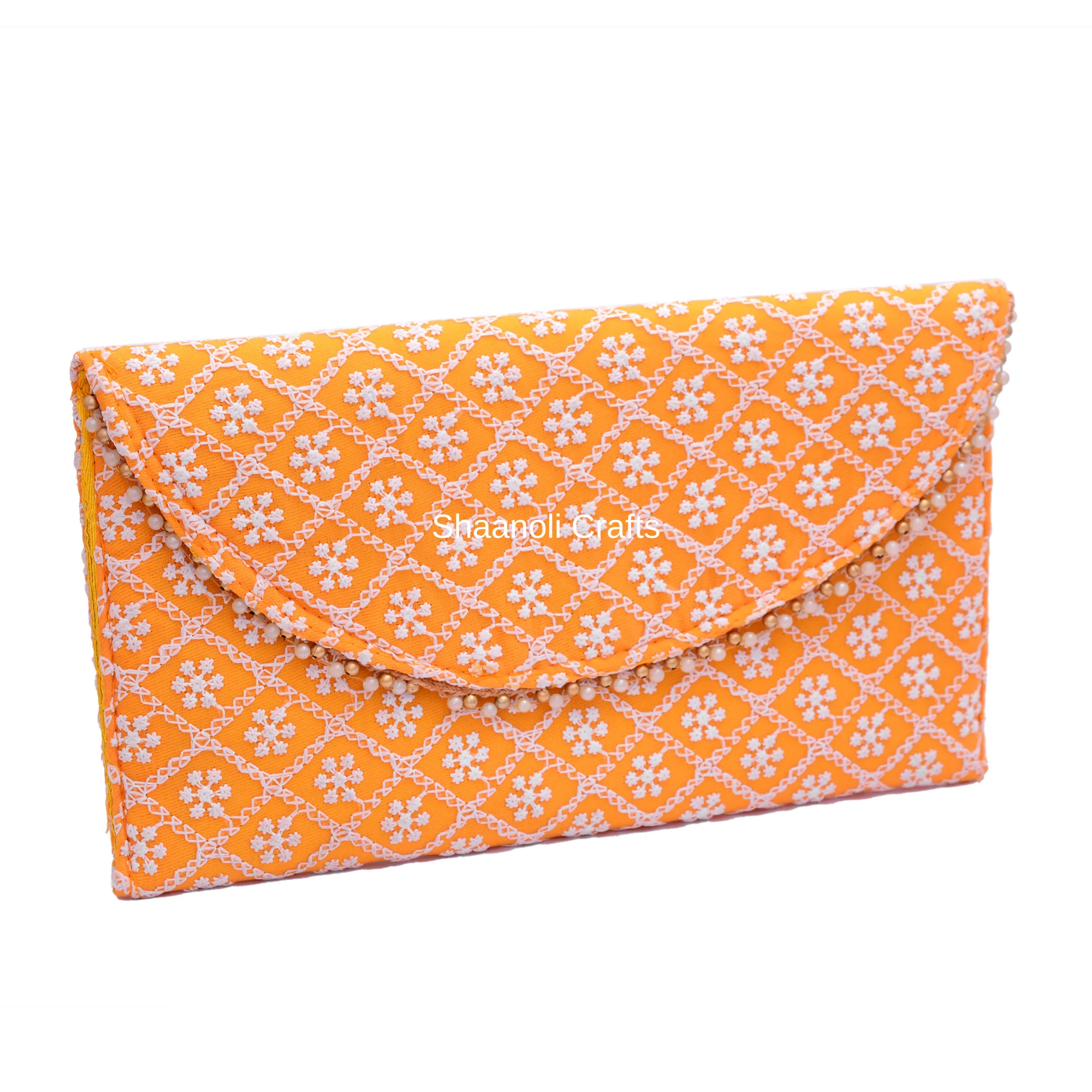 New Arrival Indian Handmade Chikankari Ethnic Envelopes Slim Wrist Handbag Zipper Snap Single Strap Mobile Case Polyester Gift