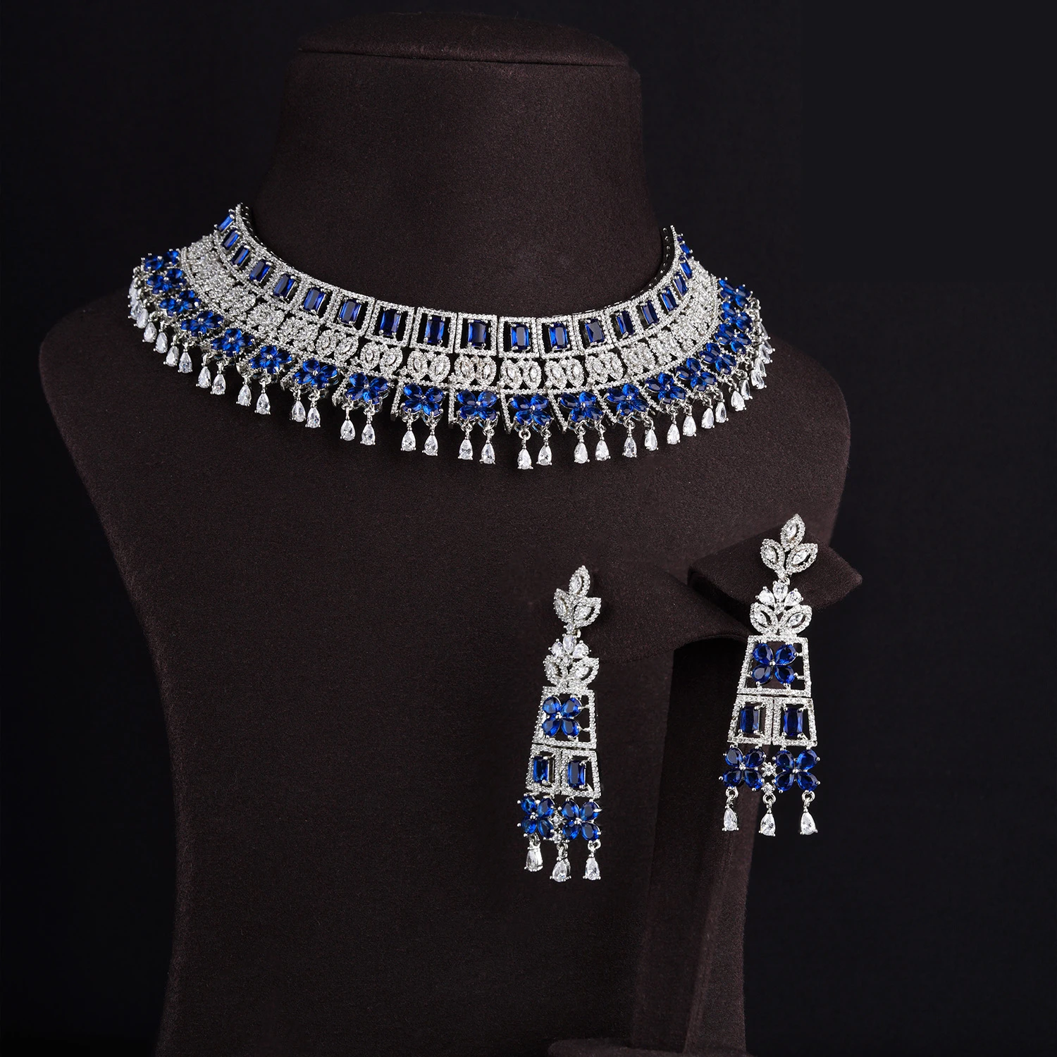 Super Premium Quality Silver Moissanite Blue Sapphire Gemstone Necklace Set For Sale By Indian Exporters