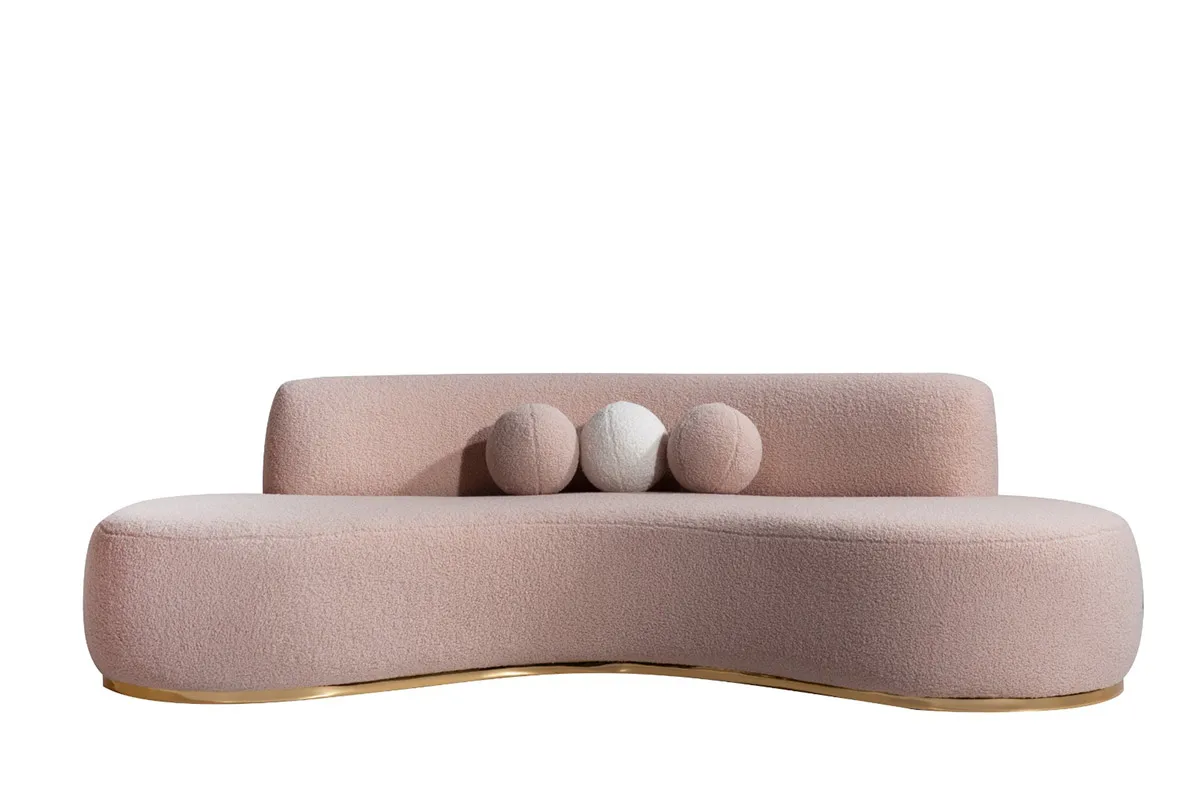 Modern Luxury European French Curve Couch Teddy Fabric Pink Modular Curved Boucle Sectional Reception Sofa Turkish Manufacturer