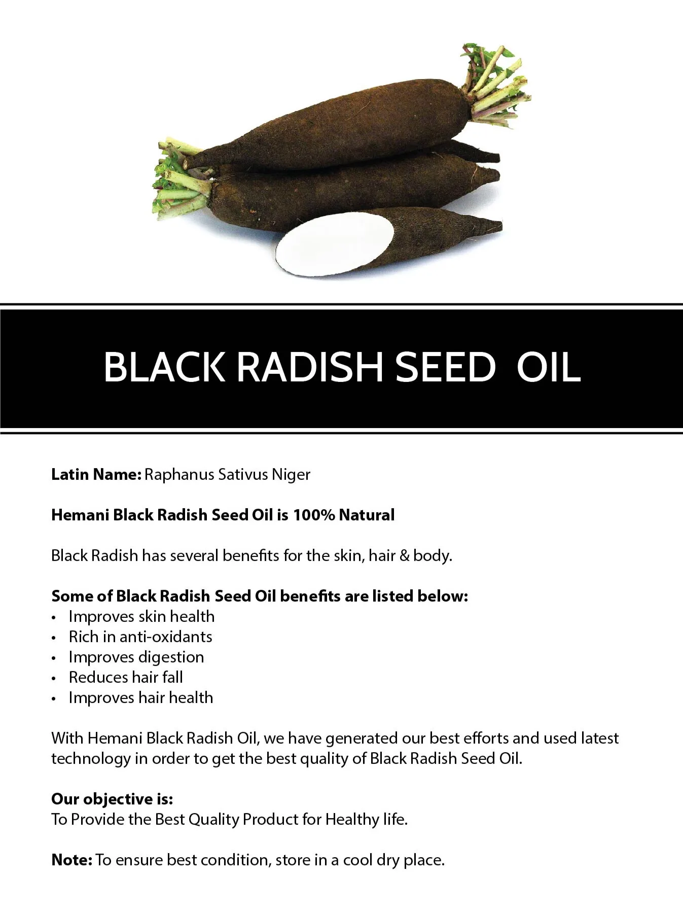 100% Pure & Organic Cold Pressed Hemani BLACK RADISH OIL, Cosmetic-Face Skin Hair Body, Edible, Sizes 30ml to 1 LTR & Bulk Qty