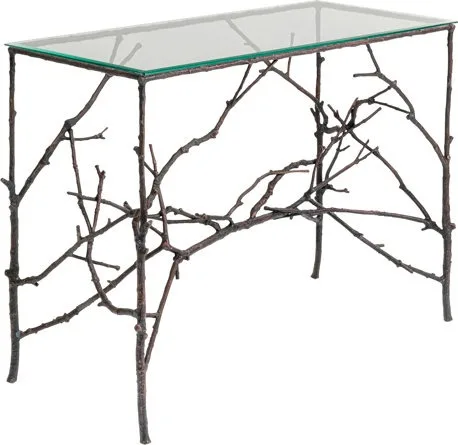 Nature-Inspired Glass Top Console Table with Intricate Metal Tree Branch Base for Stylish Living Room and Contemporary Spaces