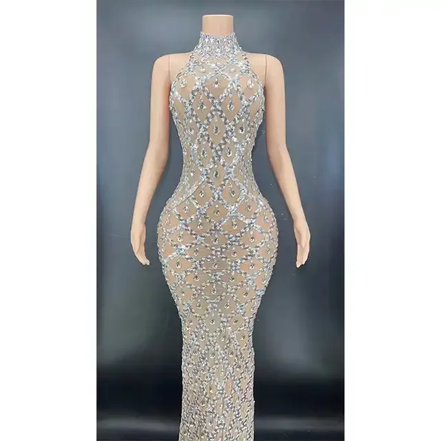 Rhinestone See Through Mesh Fishnet Hollow Out Split Bikini Swimsuits Sleeveless Cover Up Beach Dress