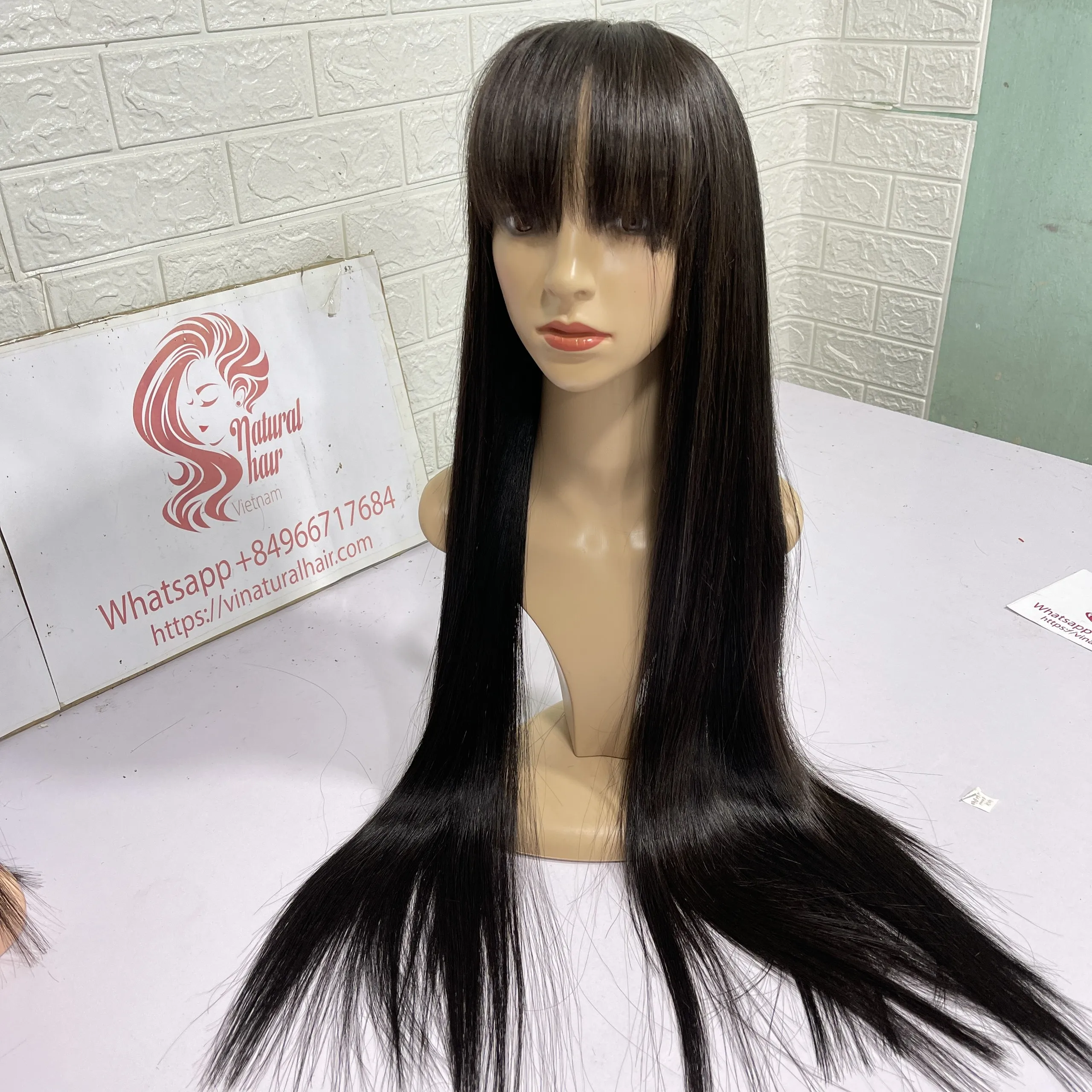 100% REAL HUMAN HAIR Straight Bones, Wig With Front Bangs