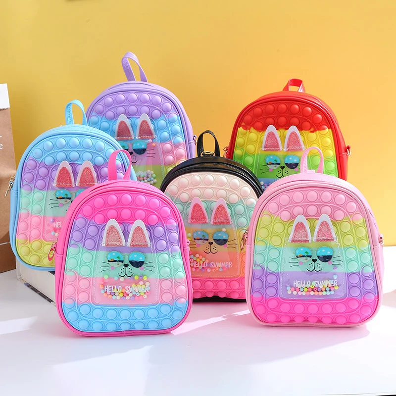 Wholesale High Quality Silicone Cartoon Rainbow Push Bubble Pop-on-it Popping Fidget Book Bags Safe BPA-free School Bag Backpack