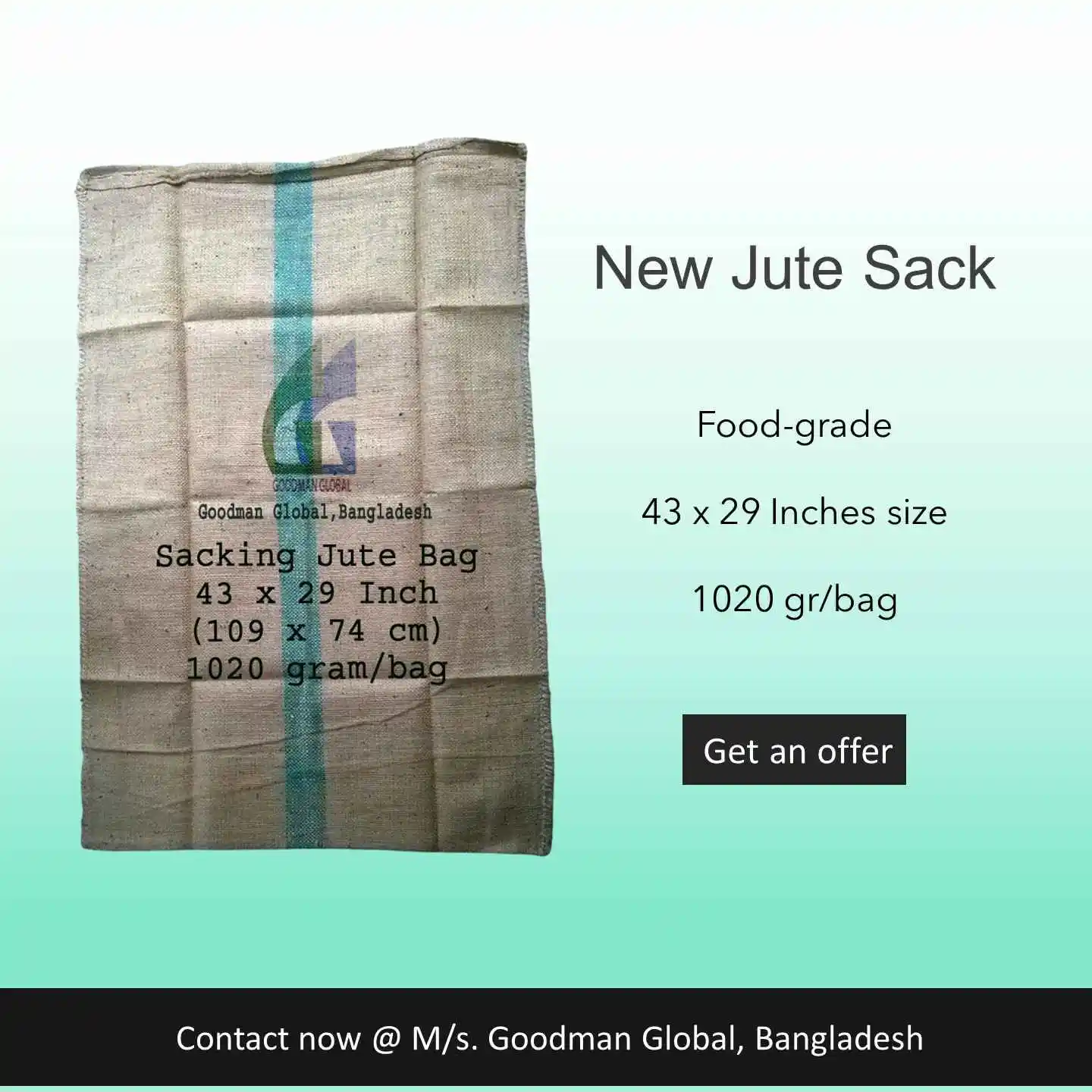 43x29 inch 1020g Food grade new jute bags burlap sack most popular gunny bag wholesale manufacturer Goodman Global Bangladesh