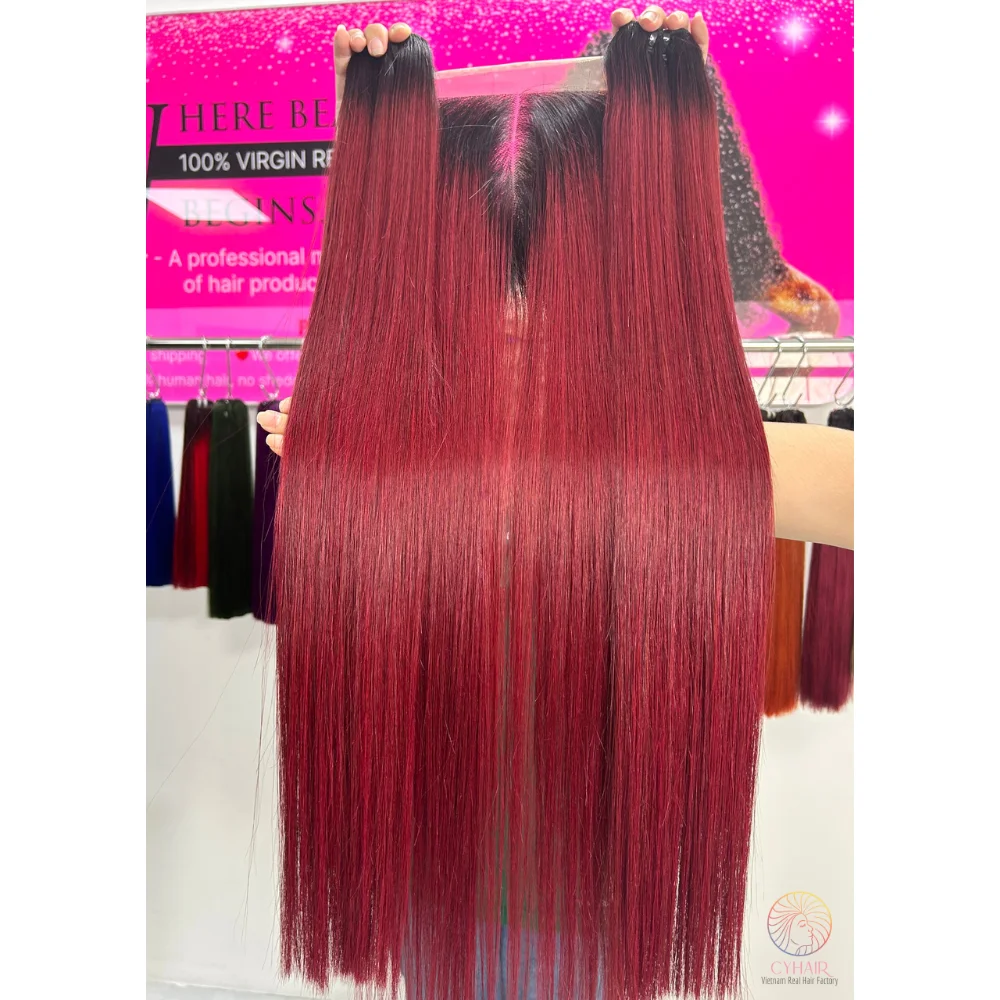 Vietnamese Remy Human Hair SDD Bone Straight Hair 3 Bundles 26 Inches Closure 5x5 24 Inches Ombre Wine Color Shedding Free Hair