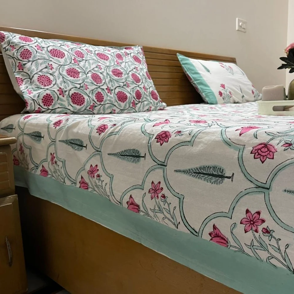 Indian Handmade 100% Cotton Rajasthani Bed Sheet Double Bed Set 1 Double Bed Sheet With 2 Pillow Cover