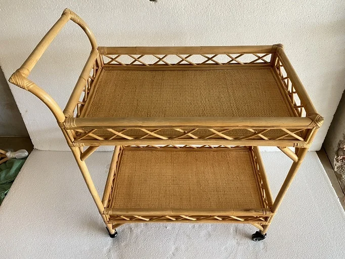 Vintage Bamboo and Rattan Bar Cart Serving Trolley  made in Viet Nam Rattan Petite Bar Cart