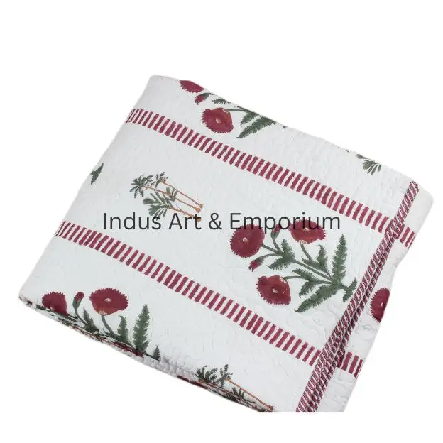 Red Poppy flower hand block printed kantha bedspreads cotton quilted bedcover