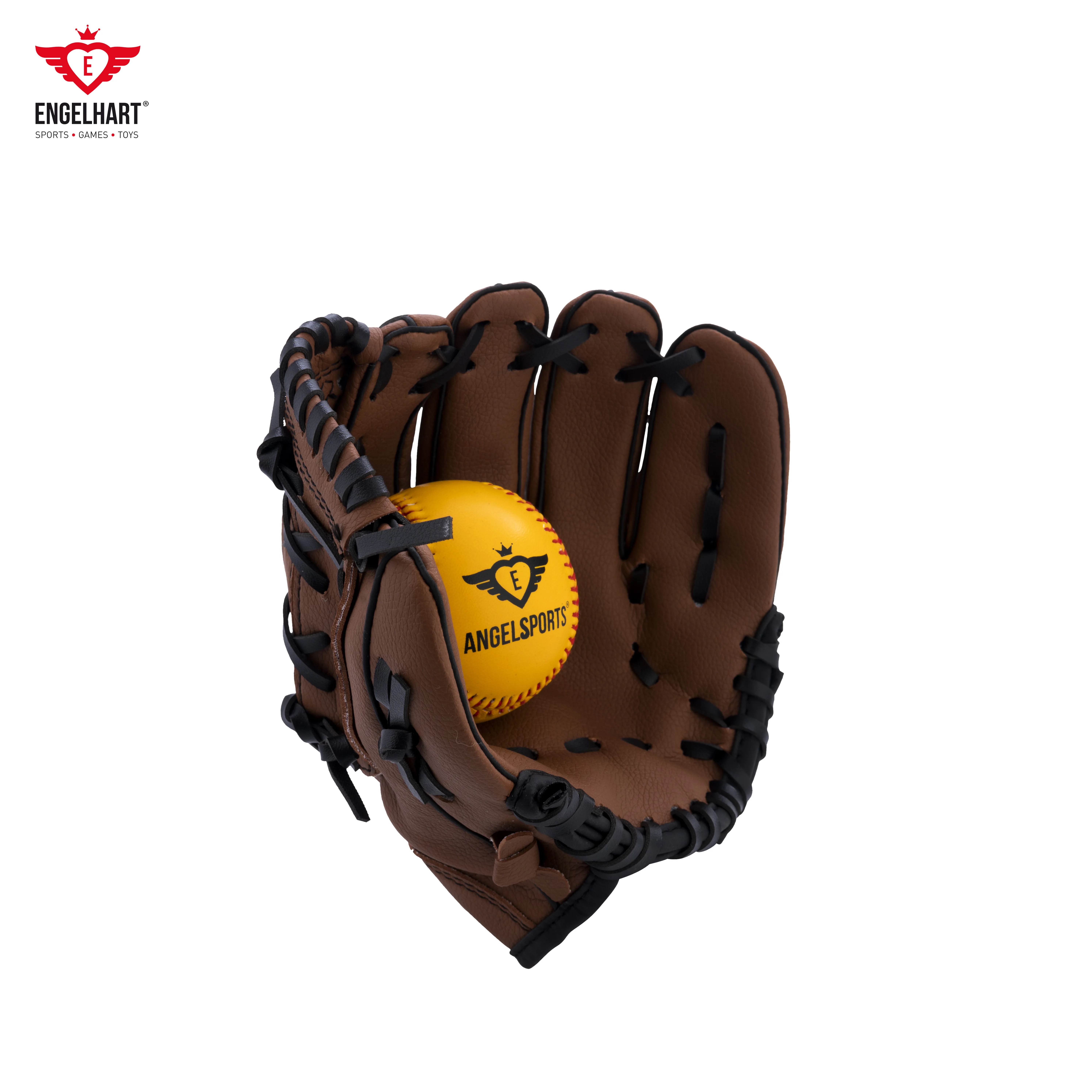 Angel Sports - High Quality Baseball Set Baseball Training Gauntlet PU and Yellow Baseball 9 inch Ball PVC (S) Brown Kids Toys