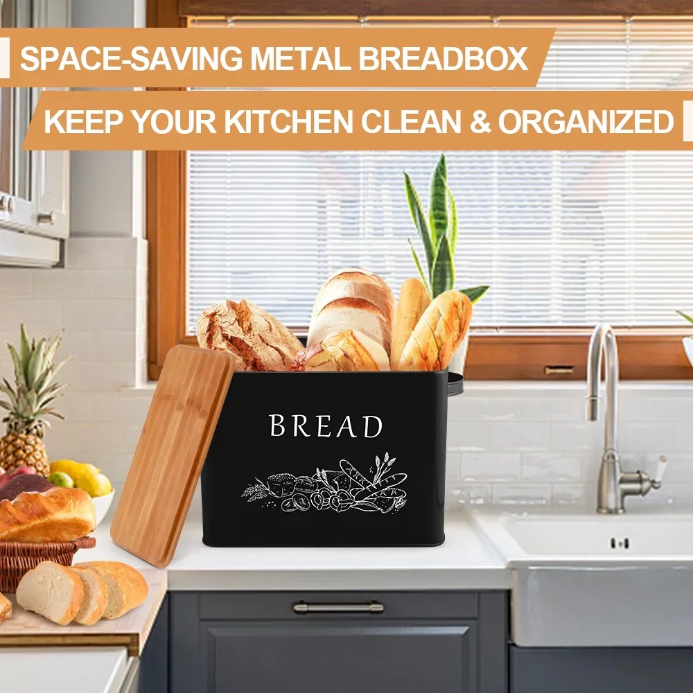 Black Bread Box for Kitchen Counter, Metal Bread Storage Bin with Wooden Cutting Lid, Large and Capacity for Holding
