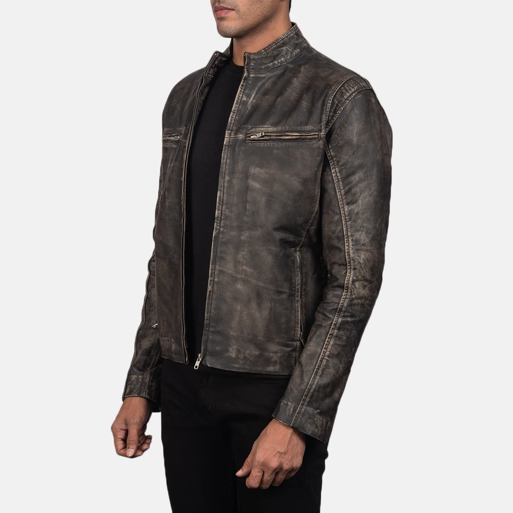 Real Leather Sheepskin Aniline Zipper Iconic Distressed Brown Men Biker Jacket Quilted Viscose Lining and Inside Outside Pocket