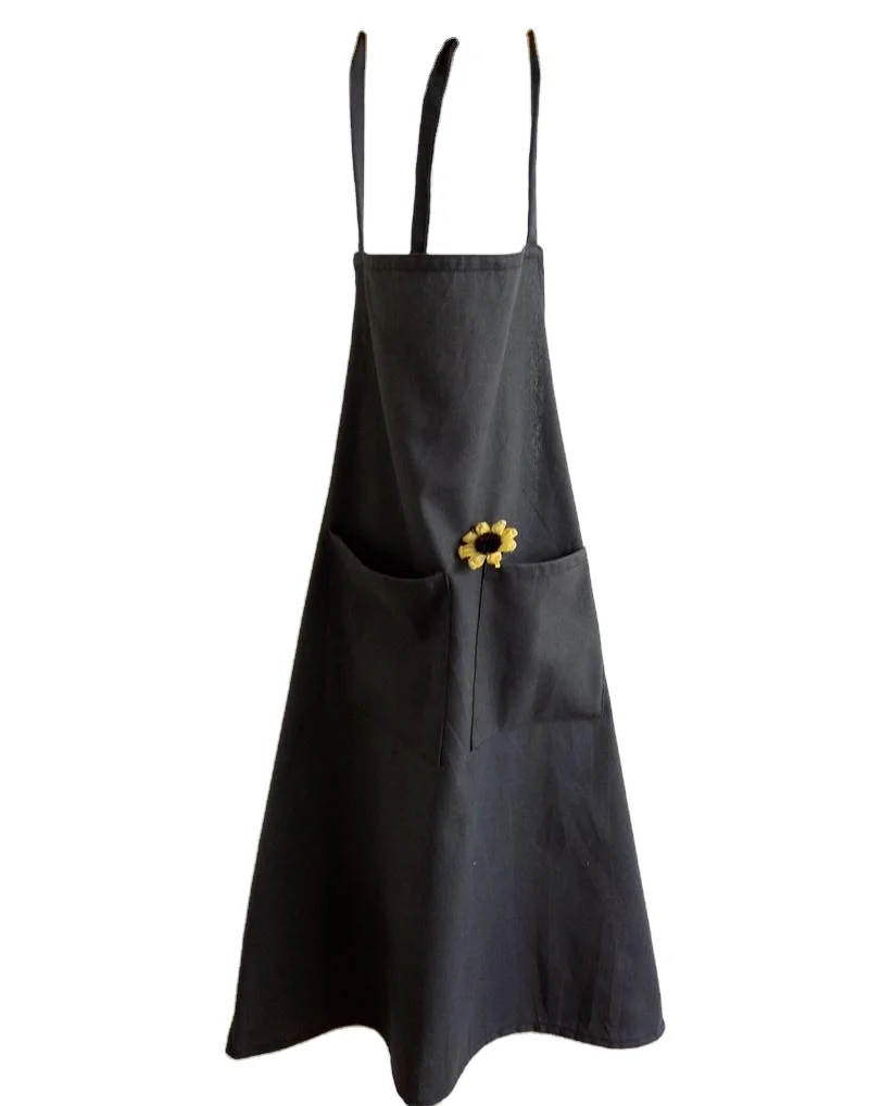 Custom Print Logo Design Cotton Polyester Pure Color Black Cooking Food Man Women Garden Bib Chef Kitchen Apron