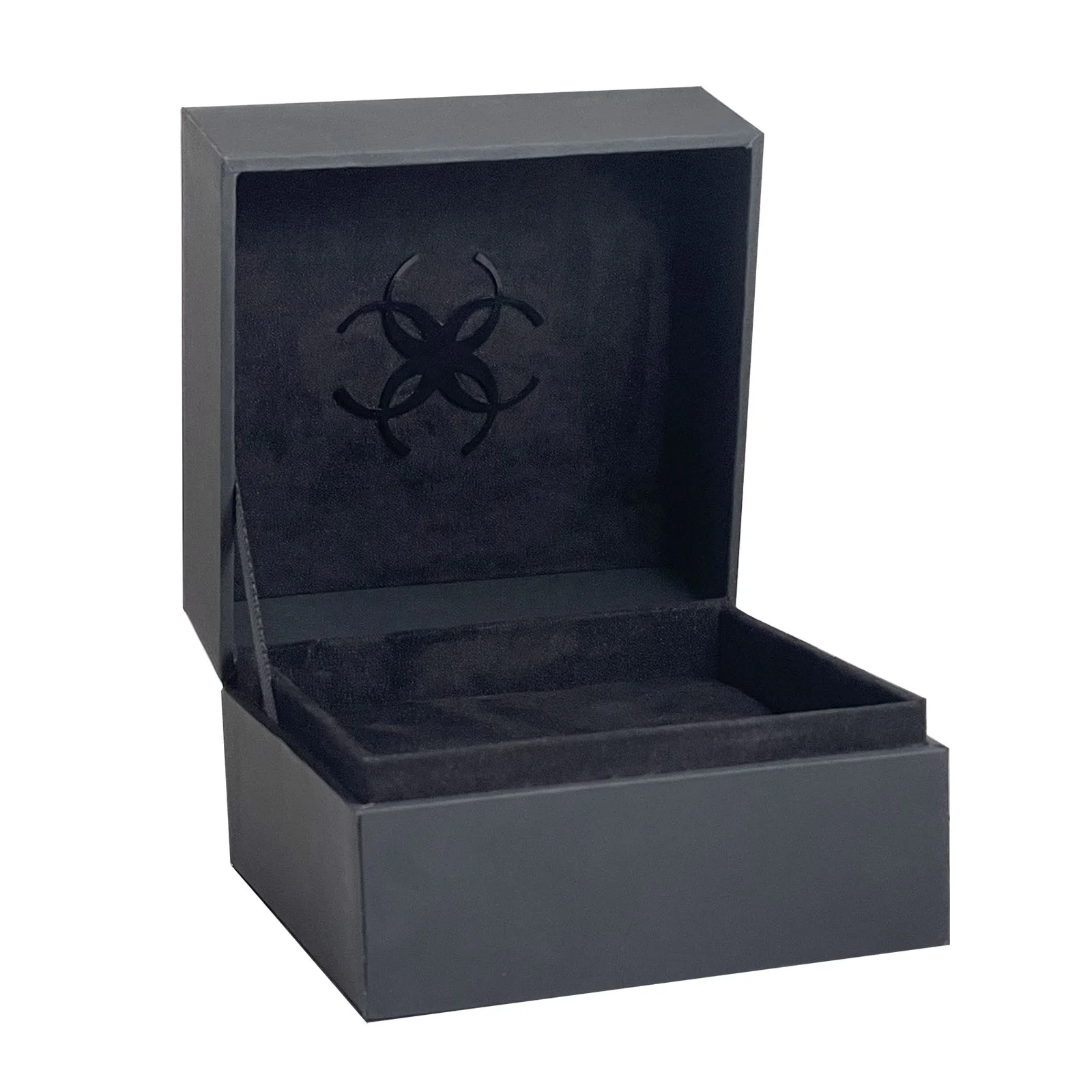 Soft Touch Paper Ring Jewelry Box With Acrylic Logo Emblem