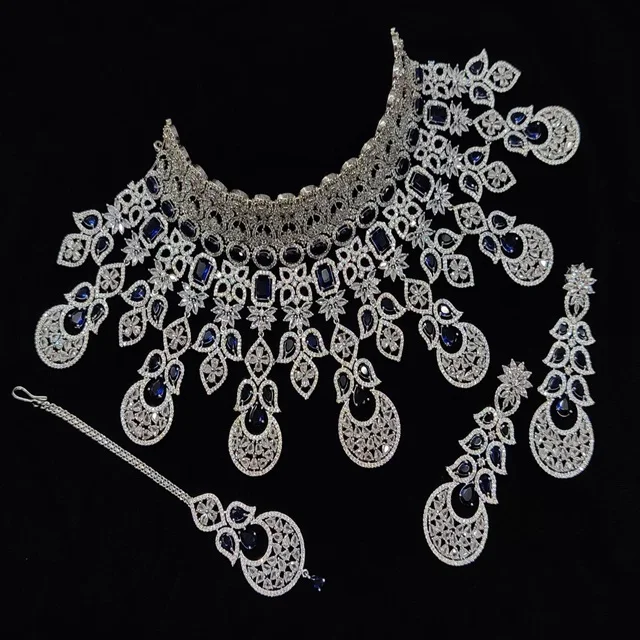 American Diamond Choker Rhodium Plated CZ Necklace jewelry Set (AD) for Women Girls Wholesale Rate High  Trendy  Indian Sets