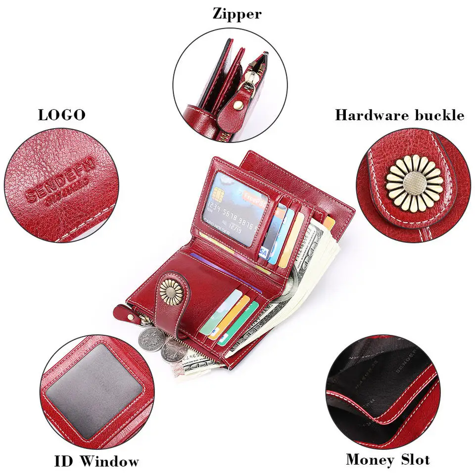 Amazon Hot Short Multifunctional Hollow Print Oil Wax Coin Purse Zipper Slim RFID Credit Card Holder With Lock Wallet For Women