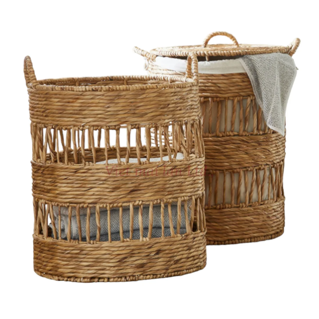 Cheap Price Rounded Weave Water Hyacinth Hampers Tapered Rattan Style Laundry Baskets  Rattan Round Linen Basket