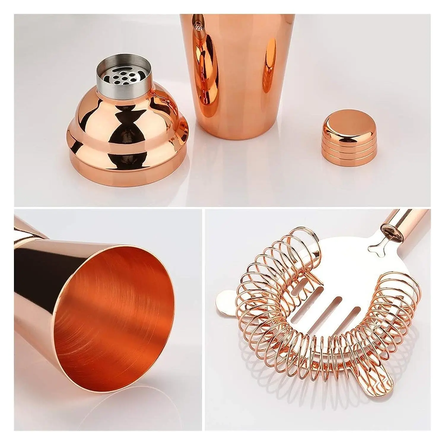 Copper Bar Set Perfect for Bartender Kit and Cocktail Mixing Includes Shaker Cork Opener Ice Tong and Strainer