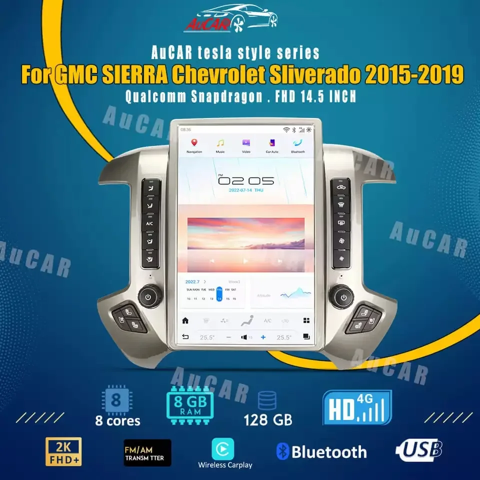 Автомобильный радиоприемник AuCAR 14,4 дюйма, последняя модель T-Style, Android 11, DVD-плеер, GPS-навигация, стерео для Chevrolet Silverado GMC Sierra 2015-2019