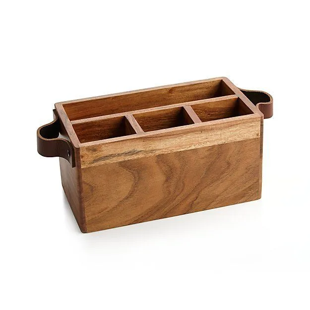 Custom Wooden Cutlery Spoon Holder 4 Compartment Large Organizer With Brown Leather Handles