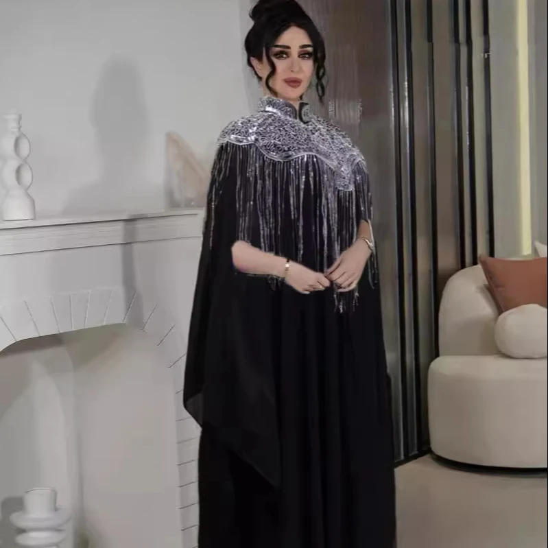Moroccan Kaftan Elegant Black Abaya Prayer Long Sleeve Dress Muslim Islamic Women Embroidery Rhinestone Arab Turkish Dress