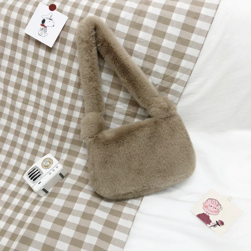 Autumn Winter Single Shoulder Armpit Bag Rex Rabbit Hair Simple Fluffy Handbag Internet Celebrity Plush Bag