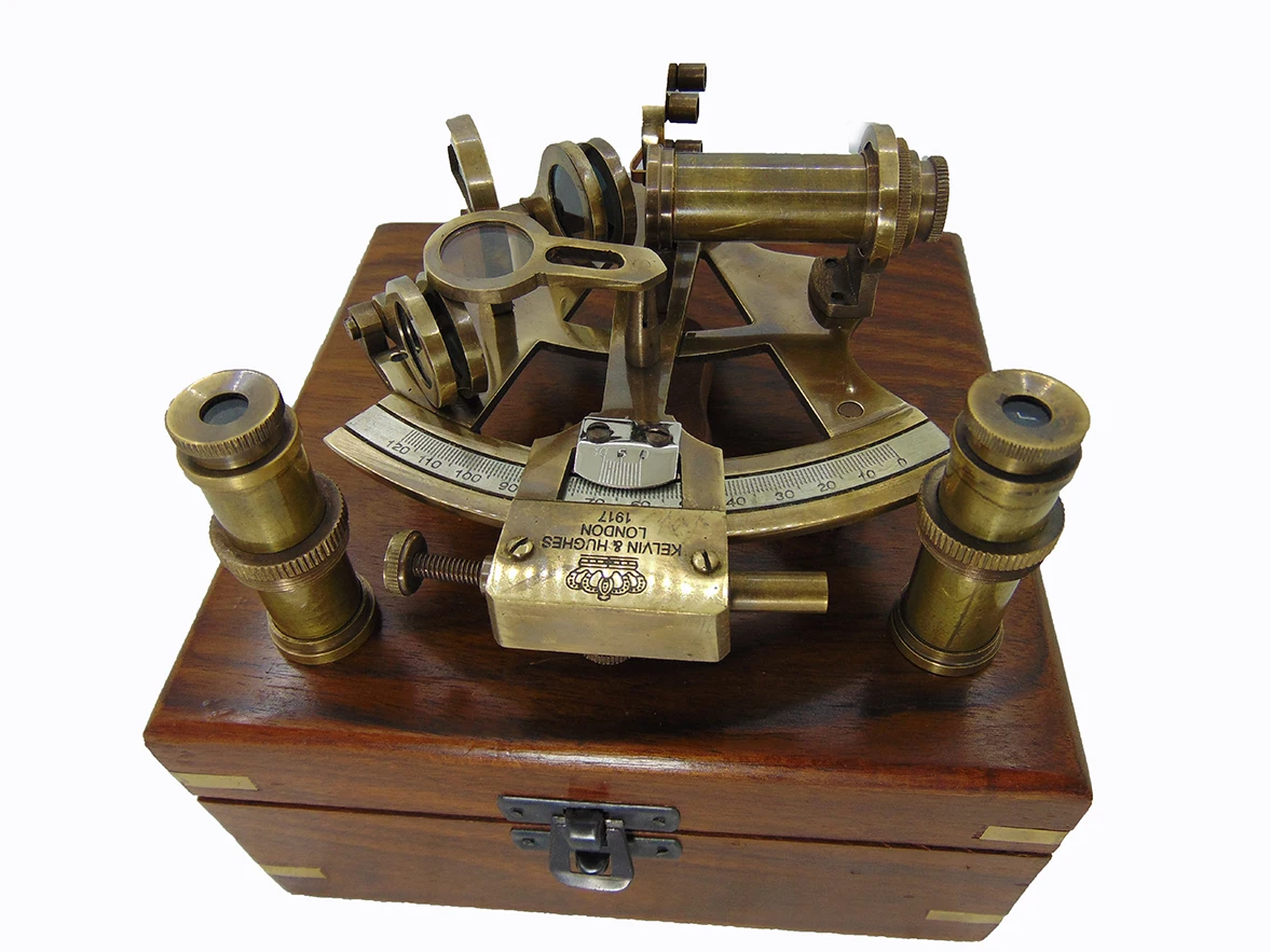 Authentic Vintage Brass Sextant Metal Craft Celestial Navigation Nautical Marine Instrument Leather Box Ship Captain Collectors
