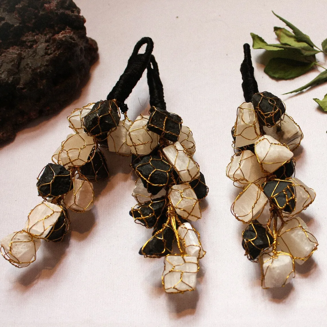 Natural Genuine Black Tourmaline and Selenite Vaastu Door Hanging for Reiki healing or Vaastu or Money attraction