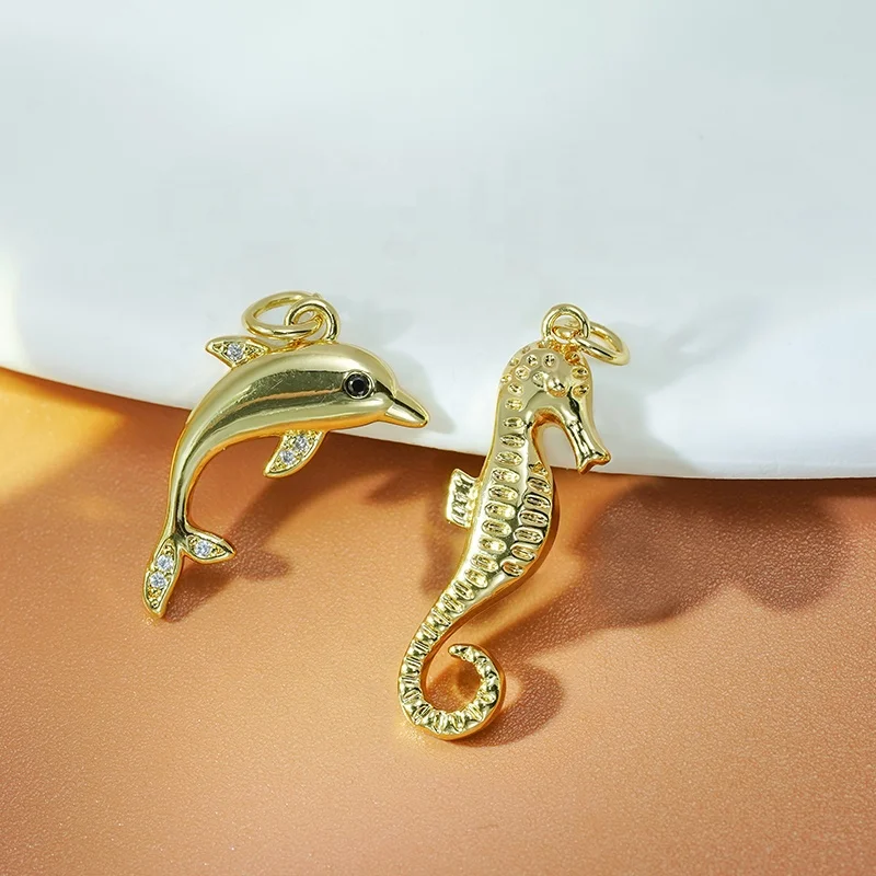 Aquatic Creatures Necklace Charm Colored Zirconia Animal Pendant Brass Elephant Cat Dolphin Pendants For Necklace Jewelry Making