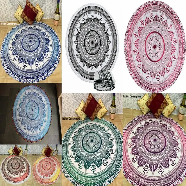 Cotton Beach Towel Mat Picnic Mat Mandala Flower Multiple Color Cool 49' Roundie Hippie Round Yoga