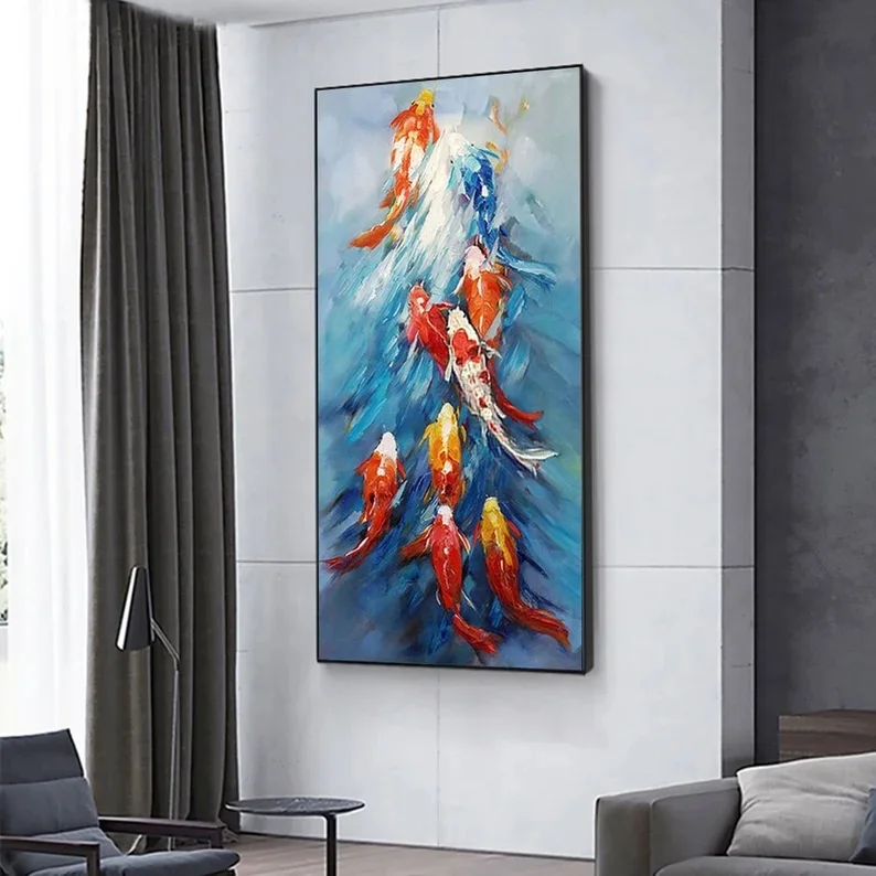 Huge Size  Abstract Colorful Red Carps Canvas Oil Painting Custom Handmade Koi Fish Gift For Home Decoration