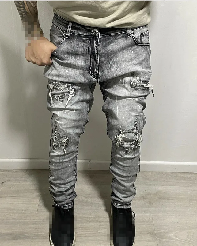 Custom menswear street wear knee-length ripped tight soft made old straight leg wash jeans